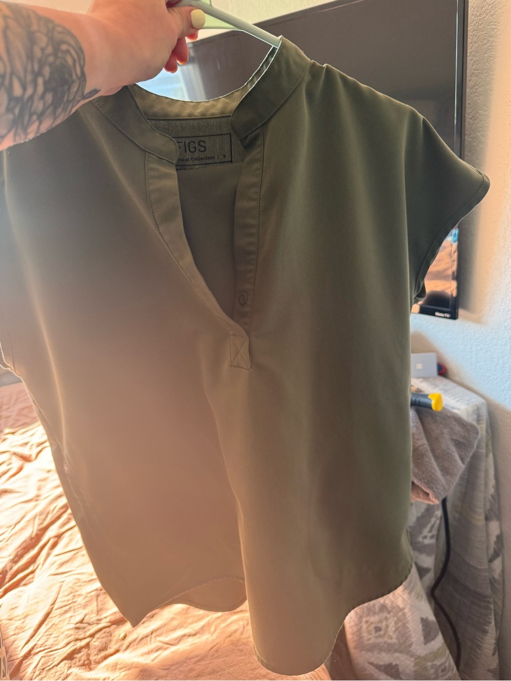 FIGS Olive Short-Sleeve V-Neck Blouse